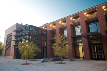 Kulshan Hall with trees and art sculpture in front